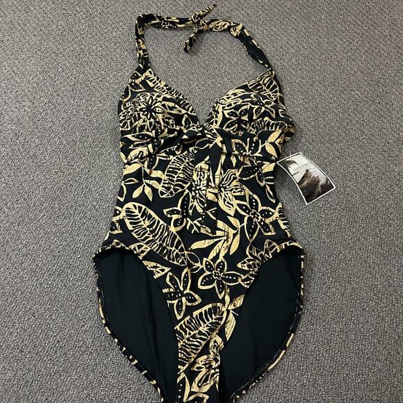 Island World Apparel Swim Suit Womens Size Medium M Black Beige Floral One Piece - Picture 1 of 13